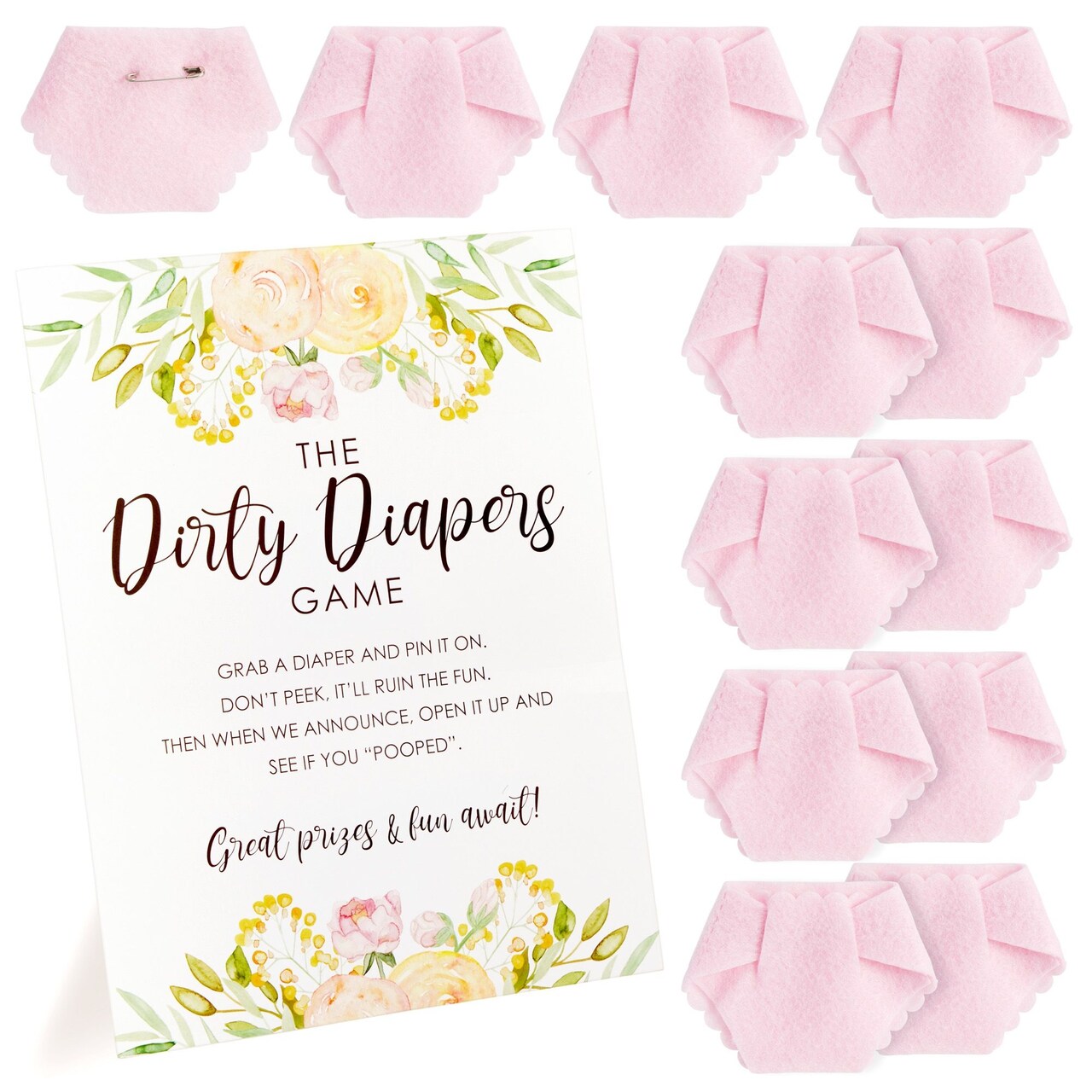 Dirty Diaper Baby Shower Game for Girl with 12 Mini Pink Diapers, 8.5 x 11 Inch Instruction Card Sign